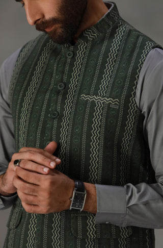 Manto Men's 1 Piece Ready to Wear Green Khaddar Waistcoat featuring Urdu Calligraphy