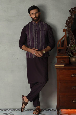 Manto Men's 1 Piece Ready to Wear Purple Khaddar Waistcoat featuring Urdu Calligraphy