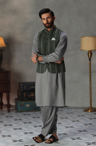 Manto Men's 1 Piece Ready to Wear Green Khaddar Waistcoat featuring Urdu Calligraphy