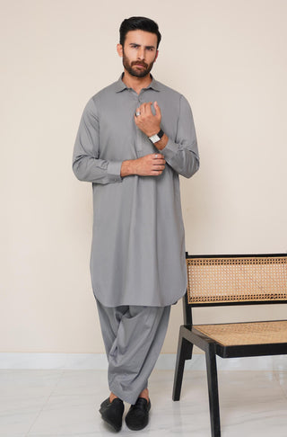 Shopmanto, wear manto, manto clothing brand, manto pakistan, ladies clothing brand, urdu calligraphy clothing, wear manto men's wear basic two piece coord stone grey shirt kurta collar textured cotton kameez shalwar, men's eid, men's fashion