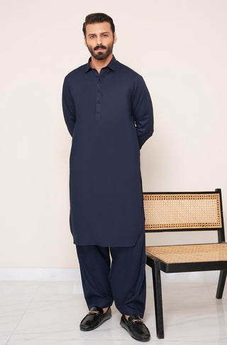 Shopmanto, wear manto, manto clothing brand, manto pakistan, ladies clothing brand, urdu calligraphy clothing, wear manto men's wear basic two piece coord midnight blue shirt kurta collar textured cotton kameez shalwar, men's eid, men's fashion