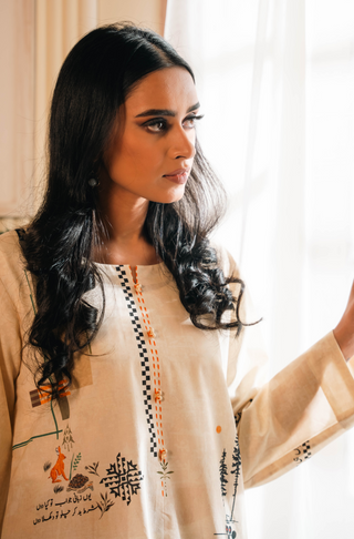 Shopmanto, wear manto, manto clothing brand, manto pakistan, ladies clothing brand, urdu calligraphy clothing, wear manto women ladies lawn kurta for spring summer, manto one piece ivory cream safar kurta with urdu calligraphy for women, spring summer season, lawn collection