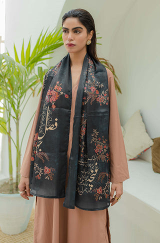 Shopmanto, wear manto, manto clothing brand, manto pakistan, ladies clothing brand, urdu calligraphy clothing, Wear manto crepe silk urdu calligraphy teal black chaman scarf for men and women