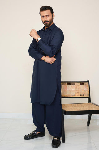 Shopmanto, wear manto, manto clothing brand, manto pakistan, ladies clothing brand, urdu calligraphy clothing, wear manto men's wear basic two piece coord midnight blue shirt kurta collar textured cotton kameez shalwar, men's eid, men's fashion