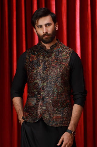 Manto Men's 1 Piece Ready to Wear Outerwear Velvet Waistcoat with Urdu Calligraphy