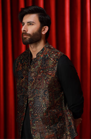 Manto Men's 1 Piece Ready to Wear Outerwear Velvet Waistcoat with Urdu Calligraphy