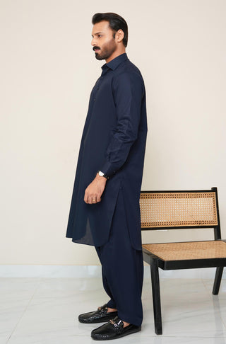 Shopmanto, wear manto, manto clothing brand, manto pakistan, ladies clothing brand, urdu calligraphy clothing, wear manto men's wear basic two piece coord midnight blue shirt kurta collar textured cotton kameez shalwar, men's eid, men's fashion