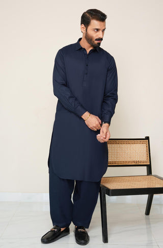 Shopmanto, wear manto, manto clothing brand, manto pakistan, ladies clothing brand, urdu calligraphy clothing, wear manto men's wear basic two piece coord midnight blue shirt kurta collar textured cotton kameez shalwar, men's eid, men's fashion