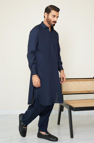 Shopmanto, wear manto, manto clothing brand, manto pakistan, ladies clothing brand, urdu calligraphy clothing, wear manto men's wear basic two piece coord midnight blue shirt kurta collar textured cotton kameez shalwar, men's eid, men's fashion