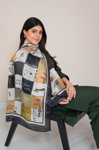 Shopmanto, wear manto, manto clothing brand, manto pakistan, ladies clothing brand, urdu calligraphy clothing, Wear manto crepe silk urdu calligraphy green and black safar scarf for men and women