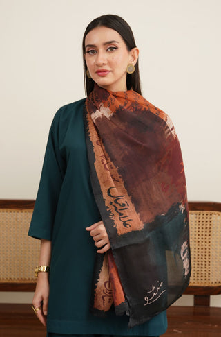 Manto Women's Crinkle Silk Rust Tasavvur Scarf with Urdu Calligraphy