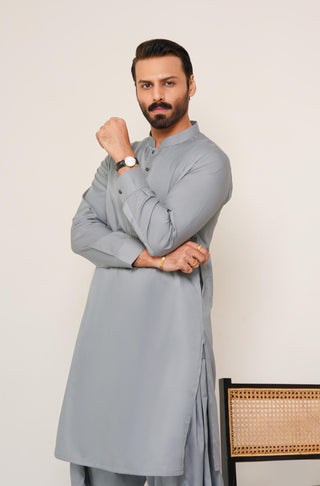 Shopmanto, wear manto, manto clothing brand, manto pakistan, ladies clothing brand, urdu calligraphy clothing, wear manto men's wear basic two piece coord grey sherwani collar cotton kameez shalwar, men's eid, men's fashion