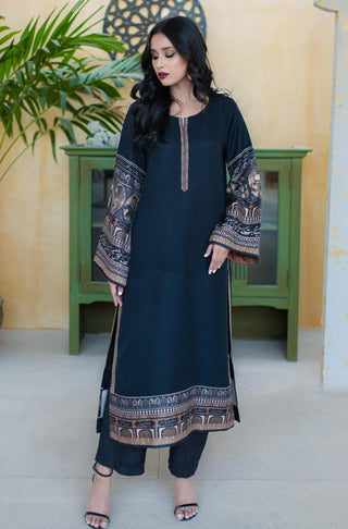 Manto Woman's Stitch Summer Jacquard 2 Piece Matching Taj Mahal Co-ord Set Black with Long Kurta & Straight Trouser Pants