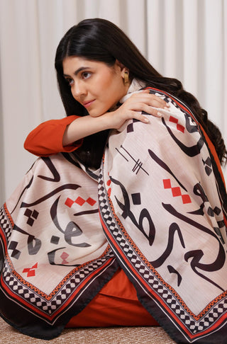 Shopmanto, wear manto, manto clothing brand, manto pakistan, ladies clothing brand, urdu calligraphy clothing, Wear manto crepe silk urdu calligraphy cream and black sooraj scarf for men and women