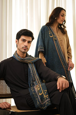 Styles of Manto's Unisex Double Sided Blue Chirag Stole featuring Urdu Calligraphy