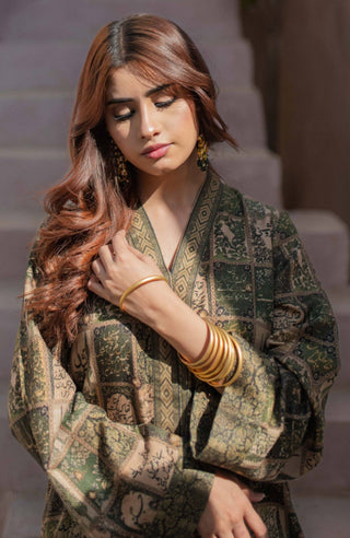 Manto Woman's Stitched Summer Jacquard 1 Piece Jugnu Kurta Royal Green Featuring Illustration & Poetry of Allama Iqbal