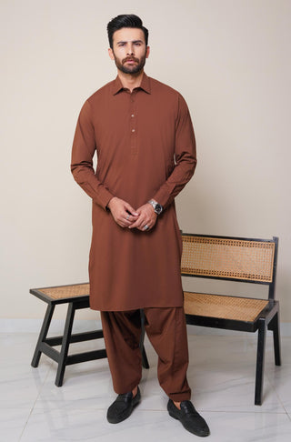 Shopmanto, wear manto, manto clothing brand, manto pakistan, ladies clothing brand, urdu calligraphy clothing, wear manto men's wear classic wash n wear cocoa brown kameez shalwar with kurta collar