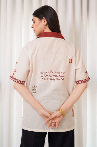 Shopmanto, wear manto, manto clothing brand, manto pakistan, ladies clothing brand, urdu calligraphy clothing, wear manto urdu calligraphy men and women unisex off white zeest western shirt, cotton unisex western shirt