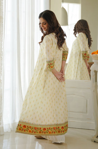 Back Detail of Manto's Printed Women Cream Anarkali with Urdu Calligraphy Paired with White Wide Leg Ijaar Pants