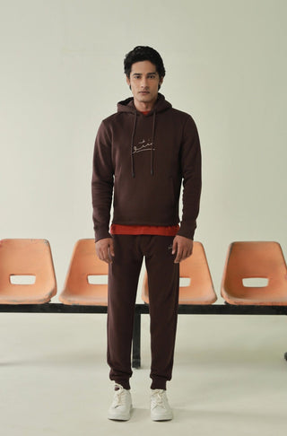 Manto's Unisex Premium Fleece Brown Pullover Hoodie with Urdu Manto Logo Paired with Brown Jogger Pants