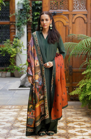 Shop manto, wear manto pakistani clothing brand ready to wear green & rust unisex bagh-e-mughal shawl urdu scarf with urdu calligraphy featuring poetry inspired by mughal gardens