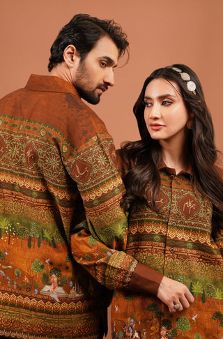 Manto's Unisex Front-Open Button Down Bagh-e-Mughal Overshirt featuring Urdu Calligraphy