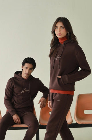 Manto's Unisex Premium Fleece Brown Pullover Hoodie with Urdu Manto Logo Paired with Brown Jogger Pants