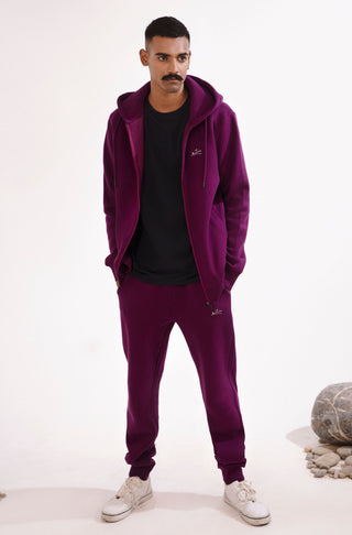 Manto, Pakistan's Most Comfy Ready to Wear Men's Triple Layered Premium Fleece Very Plum Zipper Hoodie with Urdu Manto Logo & Hood Paired with Very Plum Jogger Pants