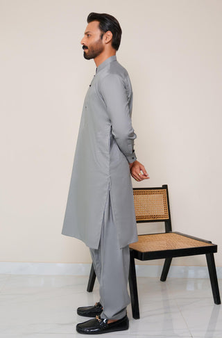 Shopmanto, wear manto, manto clothing brand, manto pakistan, ladies clothing brand, urdu calligraphy clothing, wear manto men's wear basic two piece coord grey sherwani collar cotton kameez shalwar, men's eid, men's fashion