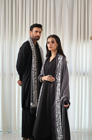 Shop manto, wear manto pakistani clothing brand ready to wear grey hayaat unisex shawl with urdu poetry featuring poetry by Mir Taqi Mir