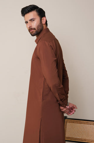 Shopmanto, wear manto, manto clothing brand, manto pakistan, ladies clothing brand, urdu calligraphy clothing, wear manto men's wear classic wash n wear cocoa brown kameez shalwar with kurta collar