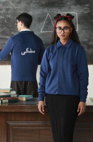 Manto's Unisex Fleece Blue Sanki Outerwear Jacket with Sanki Calligraphed at the Back