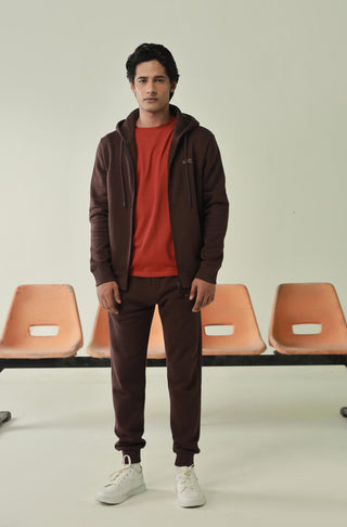 Manto's Unisex Premium Fleece Outerwear Sanki Brown Zipper Hoodie Paired with Brown Jogger Pants