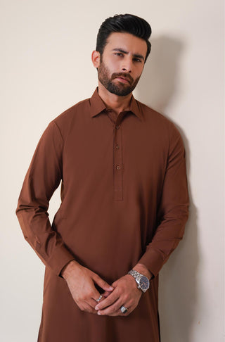 Shopmanto, wear manto, manto clothing brand, manto pakistan, ladies clothing brand, urdu calligraphy clothing, wear manto men's wear classic wash n wear cocoa brown kameez shalwar with kurta collar