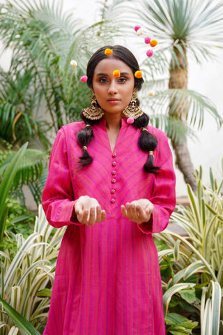 Manto Woman's Stitched 1 Piece Fuchsia Yarn Dyed Sunehri A-line Kurta with Tassels on the Neckline