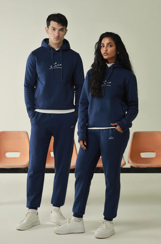 Manto's Unisex Premium Fleece Blue Pullover Hoodie with Urdu Manto Logo Paired with Blue Jogger Pants