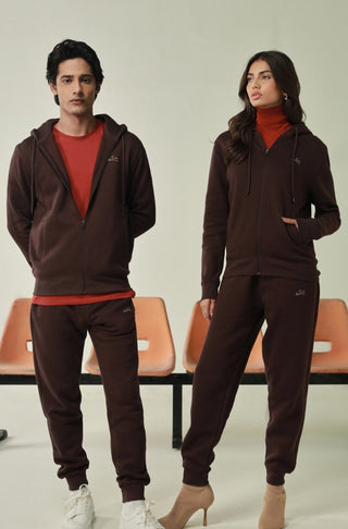 Manto's Unisex Premium Fleece Outerwear Sanki Brown Zipper Hoodie Paired with Brown Jogger Pants