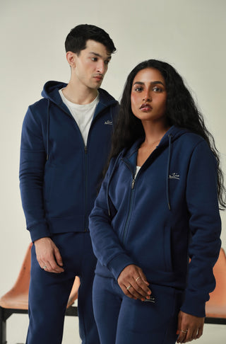 Manto's Unisex Premium Fleece Outerwear Sanki Blue Zipper Hoodie Paired with Blue Jogger Pants