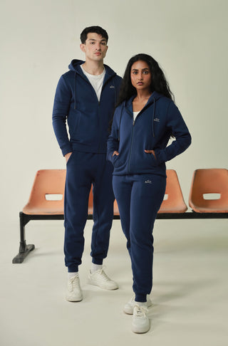 Manto's Unisex Premium Fleece Outerwear Sanki Blue Zipper Hoodie Paired with Blue Jogger Pants