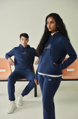 Manto's Unisex Premium Fleece Blue Pullover Hoodie with Urdu Manto Logo Paired with Blue Jogger Pants