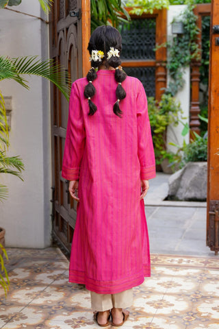 Manto Woman's Stitched 1 Piece Fuchsia Yarn Dyed Sunehri A-line Kurta