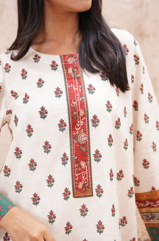 Neck Detail of Manto's Off White & Green Printed Fitrat Kurta