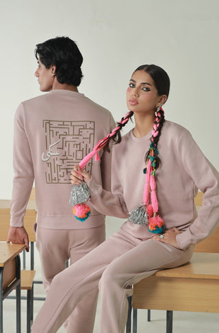 Manto's Unisex Premium Fleece Pink Sanki Sweatshirt featuring Urdu Sanki Motif at the Back Paired with Pink Jogger Pants