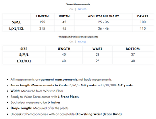 Size Chart of Roop Saree