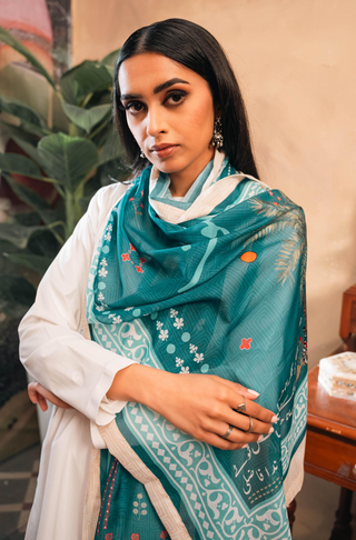 Shopmanto, wear manto, manto clothing brand, manto pakistan, ladies clothing brand, urdu calligraphy clothing, wear manto ladies women zeest hijab friendly scarf in shades of sea teal blue colour with urdu calligraphy, swiss lawn hijab scarf, urdu hijab scarf