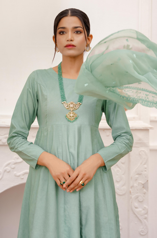 Shopmanto, wear manto, manto clothing brand, manto pakistan, ladies clothing brand, urdu calligraphy clothing, manto sage green colour solid women jahaan anarkali 2 piece co-ord set with chiffon dupatta