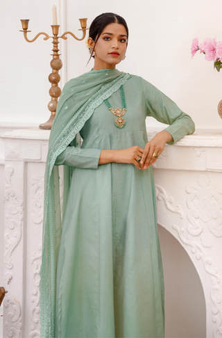 Shopmanto, wear manto, manto clothing brand, manto pakistan, ladies clothing brand, urdu calligraphy clothing, manto sage green colour solid women jahaan anarkali 2 piece co-ord set with chiffon dupatta