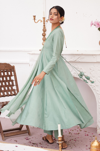 Shopmanto, wear manto, manto clothing brand, manto pakistan, ladies clothing brand, urdu calligraphy clothing, manto sage green colour solid women jahaan anarkali 2 piece co-ord set with chiffon dupatta