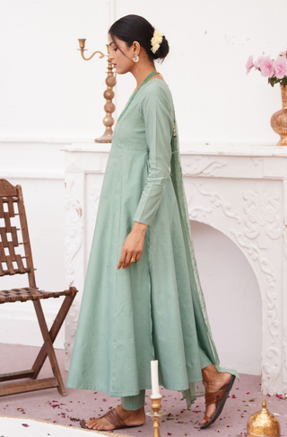 Shopmanto, wear manto, manto clothing brand, manto pakistan, ladies clothing brand, urdu calligraphy clothing, manto sage green colour solid women jahaan anarkali 2 piece co-ord set with chiffon dupatta