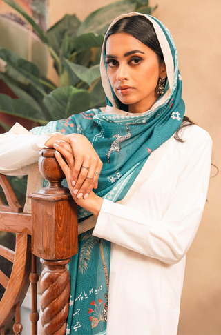 Shopmanto, wear manto, manto clothing brand, manto pakistan, ladies clothing brand, urdu calligraphy clothing, wear manto ladies women zeest hijab friendly scarf in shades of sea teal blue colour with urdu calligraphy, swiss lawn hijab scarf, urdu hijab scarf